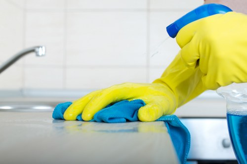 Cleaner in Ilford preparing kitchen surfaces for a detailed clean