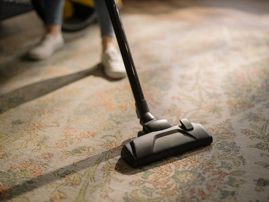 A person kneeling on a patterned area rug in a residential living room, preparing a yellow and black wet/dry vacuum cleaner for cleaning. The individual is holding the vacuum's carry handle with one hand and adjusting the open lid with the other, revealing the internal filters and components. The room features a wooden floor and a dark wooden furniture piece in the background, with natural lighting providing a clear view of the cleaning equipment and carpet surface. This scene illustrates domestic surface cleaning and maintenance, fitting within the context of deep cleaning efforts by Ilford Carpet Cleaning, as referenced on the page titled 'Carpet cleaning Ilford Valentines Park homes guide, ILFORD'.